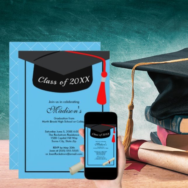 Black Cap Diploma Modern Sky Blue Graduation Party Einladung (Black Cap Diploma Modern Sky Blue Graduation Party Invitation)