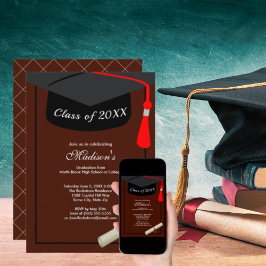 Black Cap Diploma Simple Graduation Party Brown Einladung