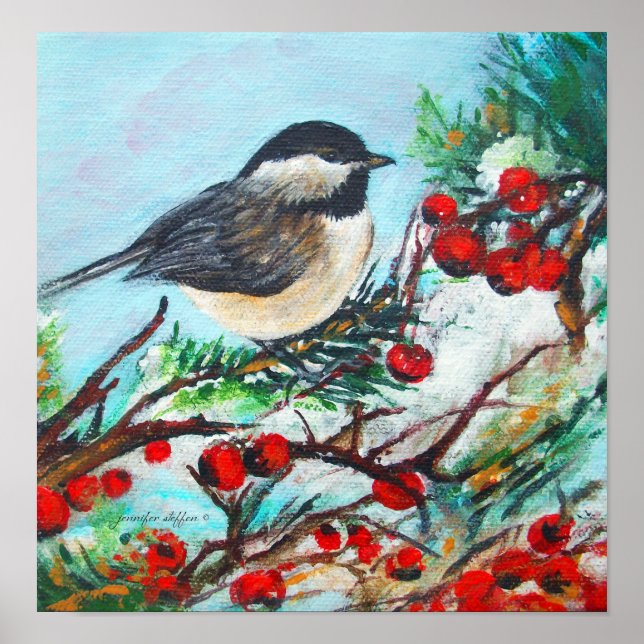 Black Capped Chickadee Bird With Berries Glossy Poster (Vorne)