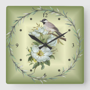 Black - Capped Chickadee ~ White Magnolia Blume ~ Quadratische Wanduhr