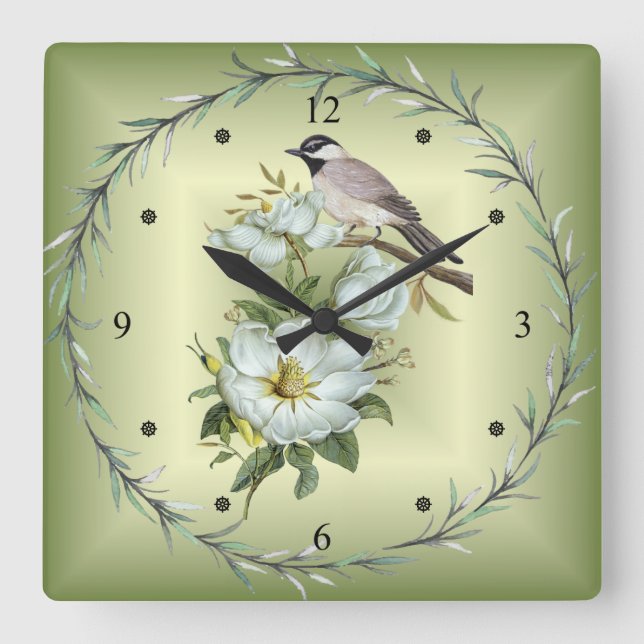 Black - Capped Chickadee ~ White Magnolia Blume ~ Quadratische Wanduhr (Vorderseite)