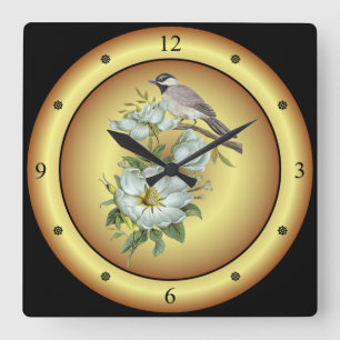 Black Capped Chickadee ~ White Magnolia Flower ~   Quadratische Wanduhr