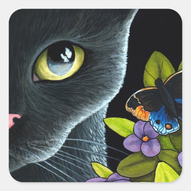 Black Cat 557 Blauer Schmetterling Blume Quadratischer Aufkleber (Vorderseite)