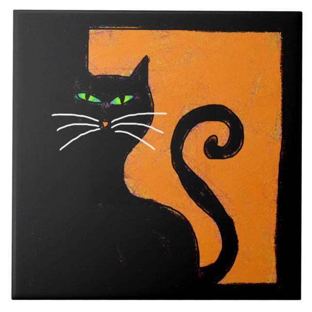Black Cat Abstrakt Halloween Art Fliese (Vorderseite)