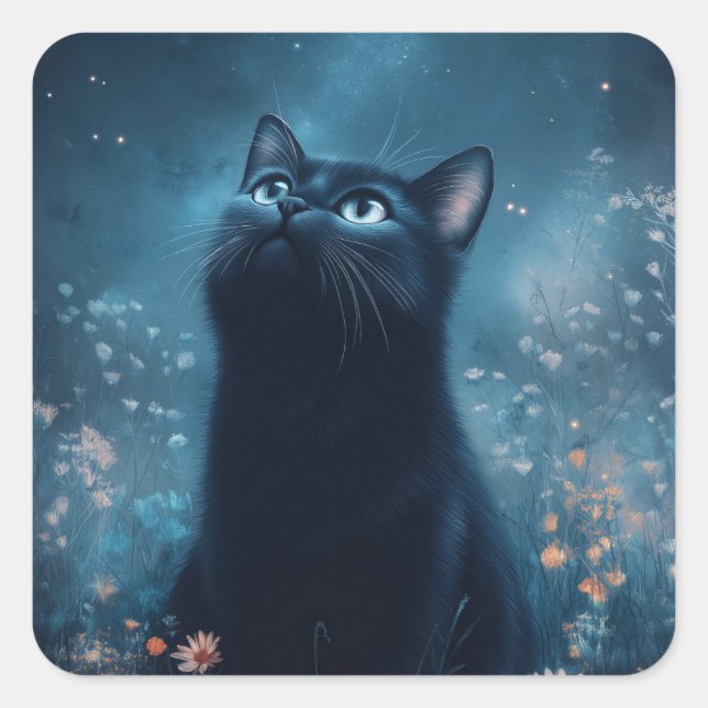 Black Cat Amidmoonlit Wildblumen Quadratischer Aufkleber (Vorderseite)