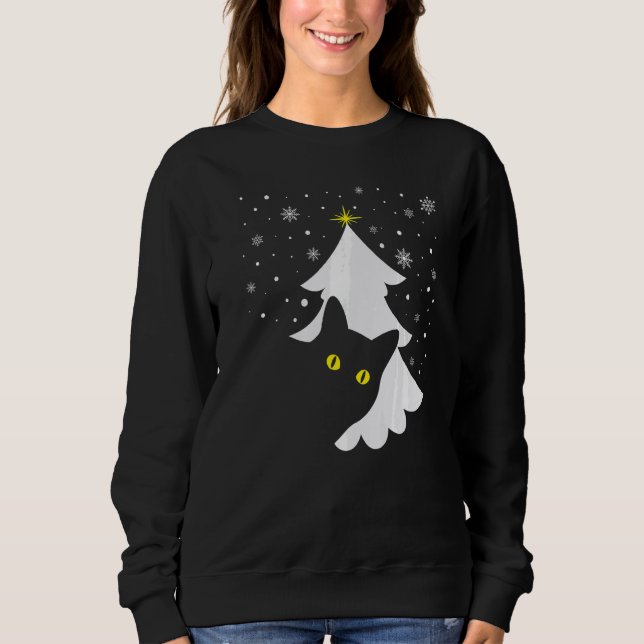 Black Cat and Christmas Tree  Cat Xmas Sweatshirt (Vorderseite)