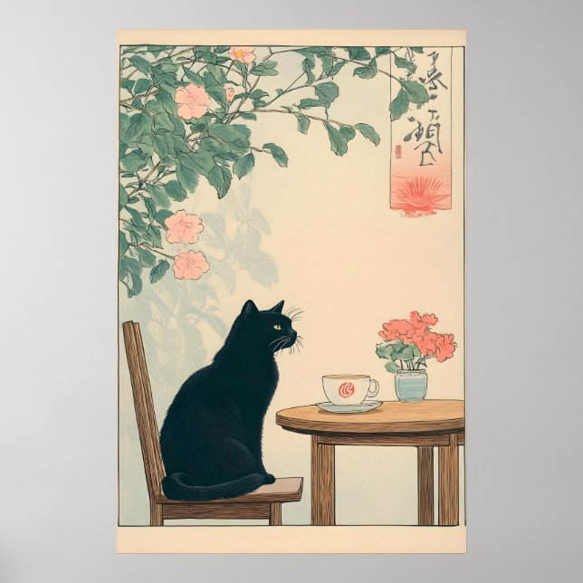 Black Cat And Coffee Print Ukiyo-e Japandi Art Poster (Vorne)