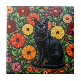 Black Cat and Colorful Folk Art Flowers Fliese