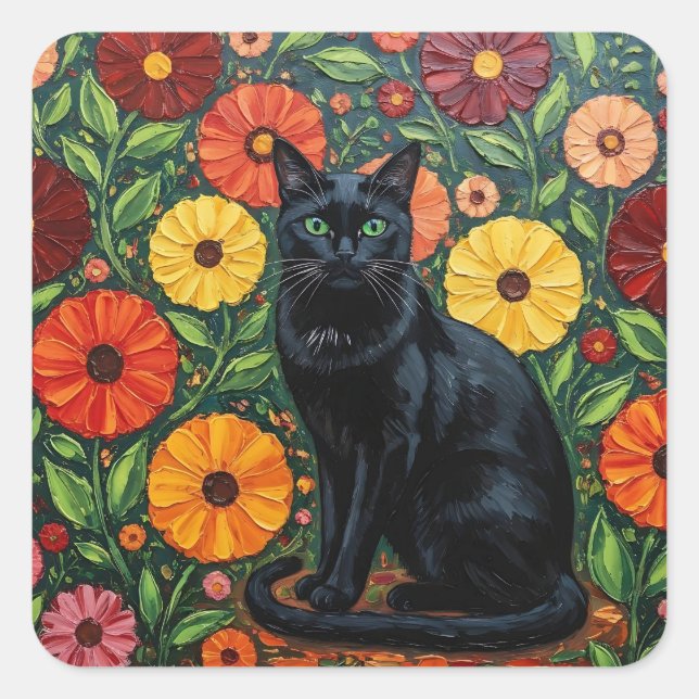 Black Cat and Colorful Folk Art Flowers Quadratischer Aufkleber (Vorderseite)