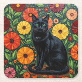 Black Cat and Colorful Folk Art Flowers Rechteckiger Pappuntersetzer