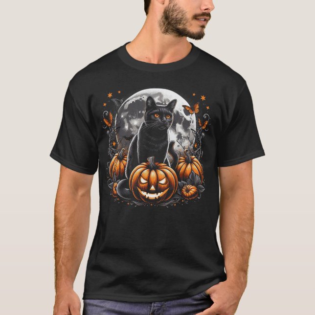 Black Cat and Moon Halloween Pumpkin Jack O Lanter T-Shirt (Vorderseite)