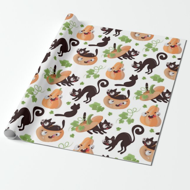 Black Cat and Pumpkin Halloween Pattern Geschenkpapier (Ungerollt)