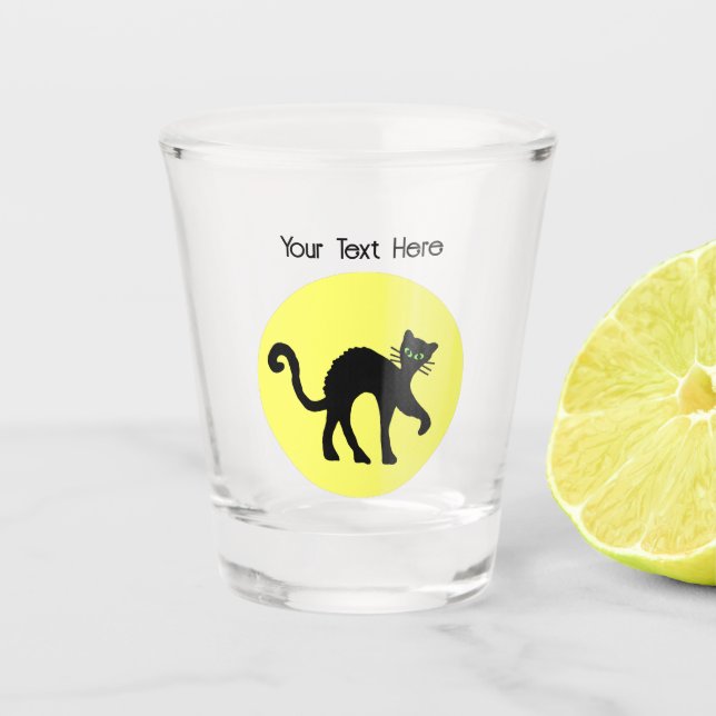 Black Cat ARched back Green eyes Yellow Moon Schnapsglas (Vorderseite)