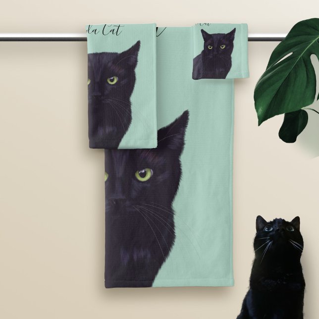 Black Cat Art Personalisierter Haustier Name Badet Badhandtuch Set (Von Creator hochgeladen)