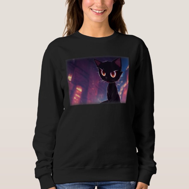 Black Cat Artwork Background Wide Eyed Expressive Sweatshirt (Vorderseite)