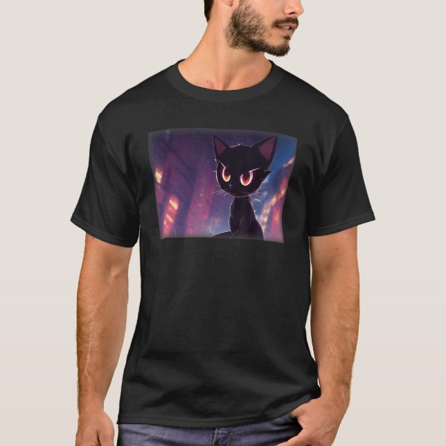Black Cat Artwork Background Wide Eyed Expressive T-Shirt (Vorderseite)
