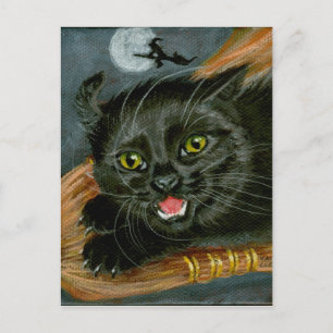 Black Cat auf Broom Halloween Postkarte