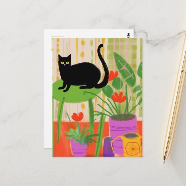 Black Cat auf einem grünen Stuhl Postkarte (Vorderseite/Rückseite Beispiel)