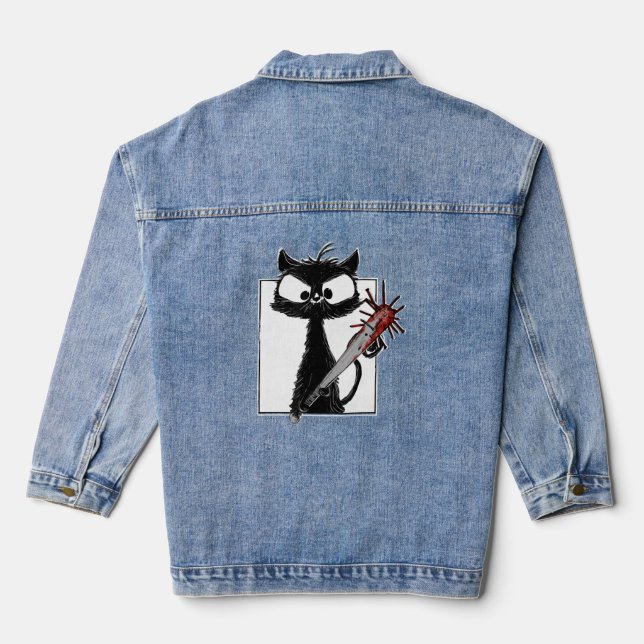 Black Cat Baseball Horror Halloween Jeansjacke (Rückseite)