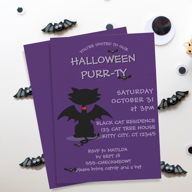 Black Cat Bat Lila Halloween-Party Einladung (It's the black cat's favorite time of the year and is ready to party. Add the details of yours!)