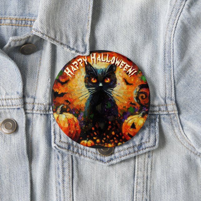 Black Cat Bats Pumpkins Whimsical Personalized Button (Beispiel)