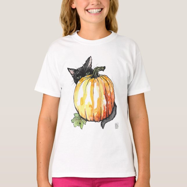 Black Cat Behind Pumpkin Tee Shirt (Vorderseite)