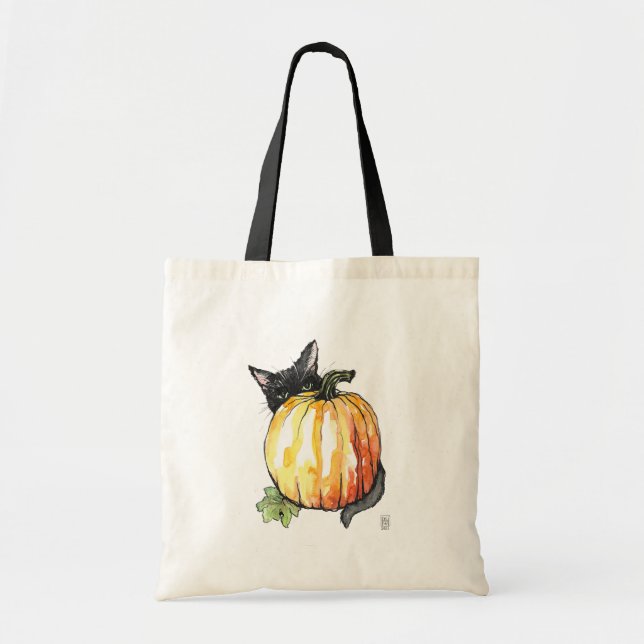 Black Cat Behind Pumpkin Tote Bag Tragetasche (Vorne)