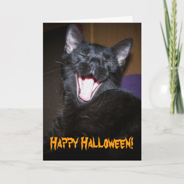 Black Cat Big Yawn Gruß Halloween Karte (Vorderseite)