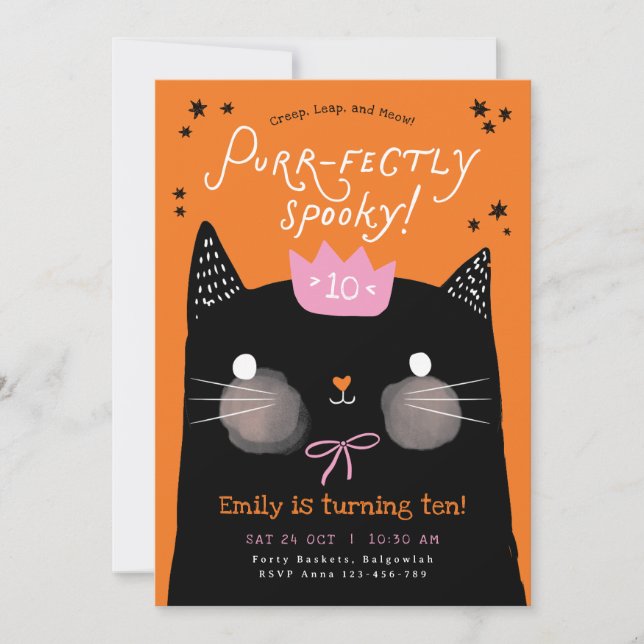 Black Cat Birthday, Purkarikatur, Halloween Einladung (Vorderseite)