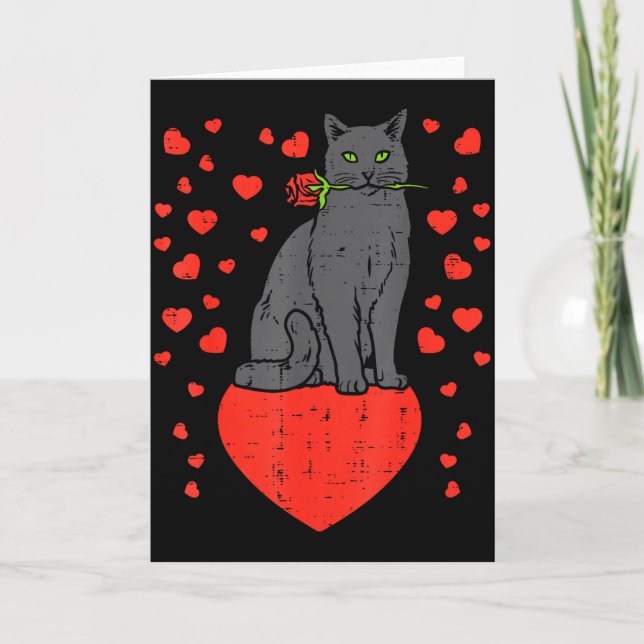 Black Cat Biting Rose Hearts Valentines Day Animal Karte (Vorderseite)