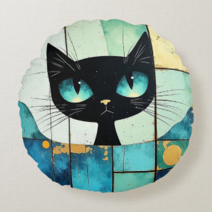 Black Cat Block art Rundes Kissen