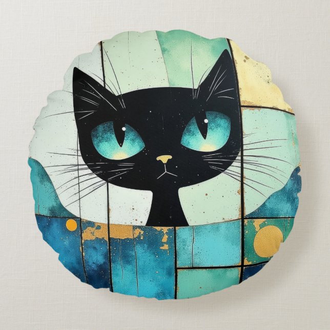 Black Cat Block art Rundes Kissen (Vorderseite)
