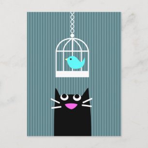 Black Cat & Blue Bird in Birdcage Postkarte