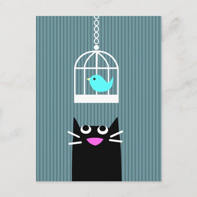 Black Cat & Blue Bird in Birdcage Postkarte (Vorderseite)