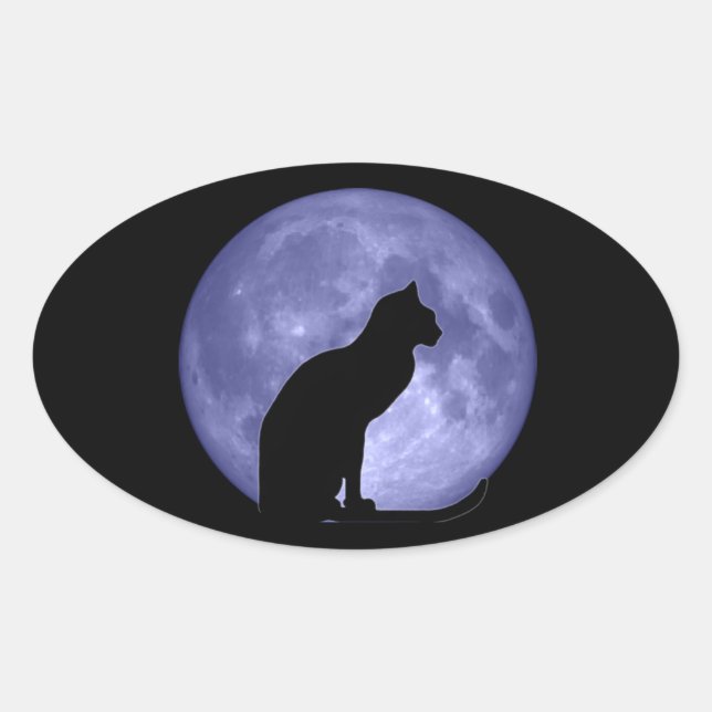 Black Cat Blue Moon Oval Stickers (Vorderseite)