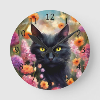 Black Cat Blume Garden Cat 736 Runde Wanduhr