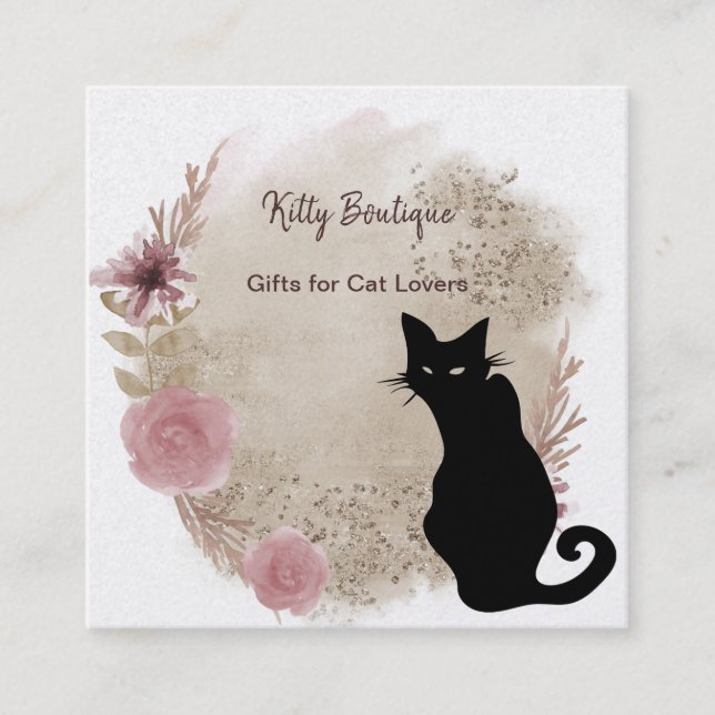 Black Cat Boho Watercolor Square Business Card Quadratische Visitenkarte (Vorderseite)