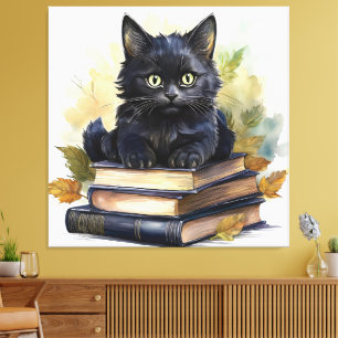 Black Cat Book Stack Leinwanddruck