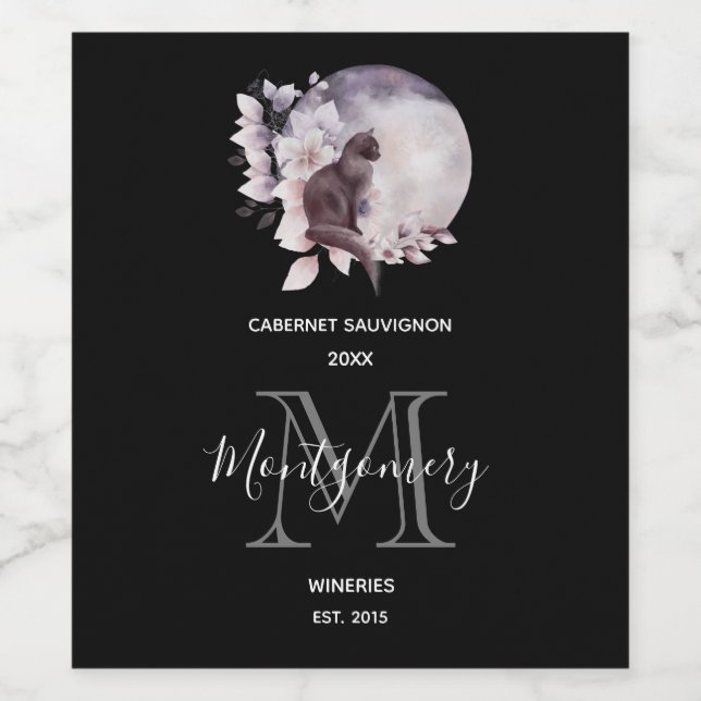 Black Cat by a Magical Full Moon Weinkultur und Er Weinetikett (Einzelnes Label)