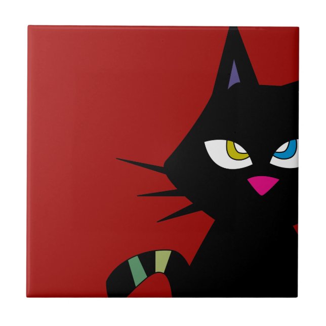 Black Cat Cartoon auf Red Fliese (Vorderseite)