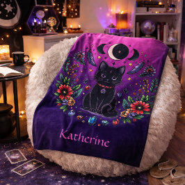 Black Cat Celestial Mystical Purple Pink Fleecedecke