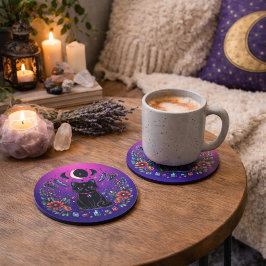 Black Cat Celestial Mystical Purple Pink Getränkeuntersetzer