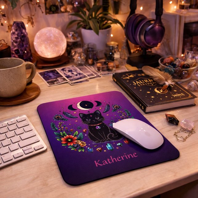 Black Cat Celestial Mystical Purple Pink Mousepad (Von Creator hochgeladen)