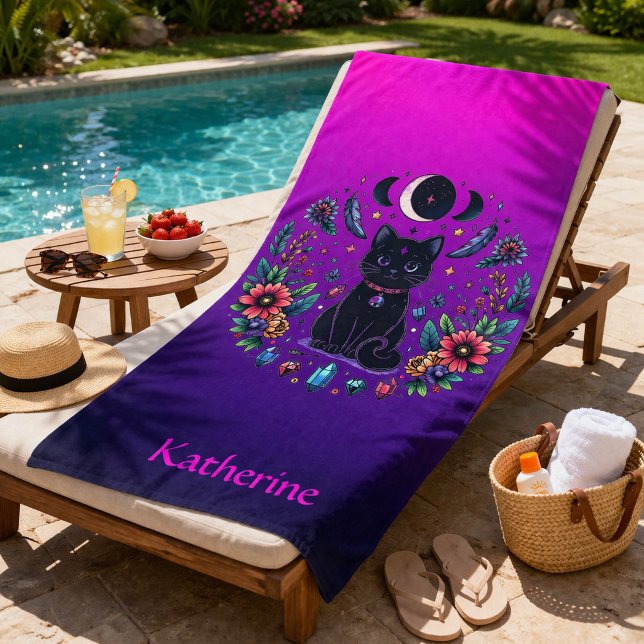 Black Cat Celestial Mystical Purple Pink Strandtuch (Von Creator hochgeladen)