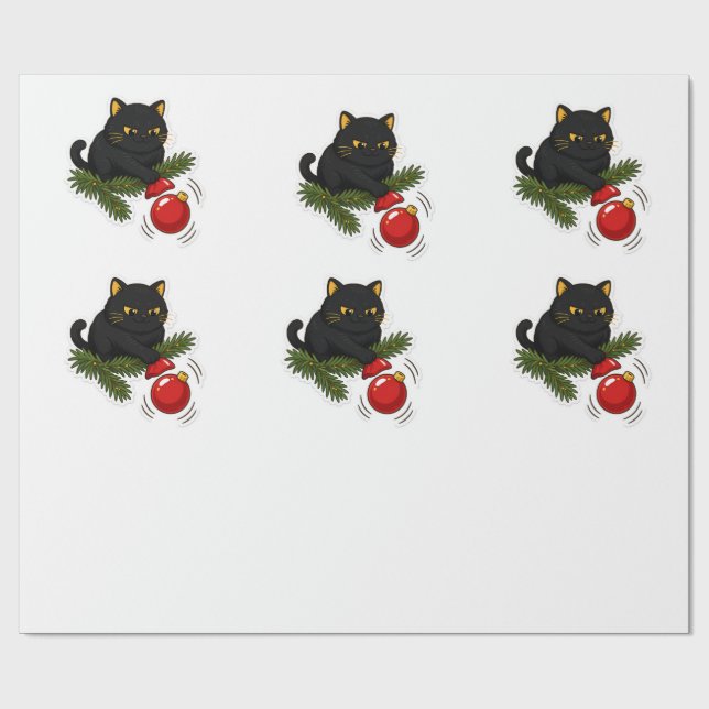 Black Cat Christmas Bauble Funny Cat Pattern Geschenkpapier (Flach)