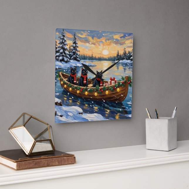 Black Cat Christmas Boat Holiday Quadratische Wanduhr (Büro)
