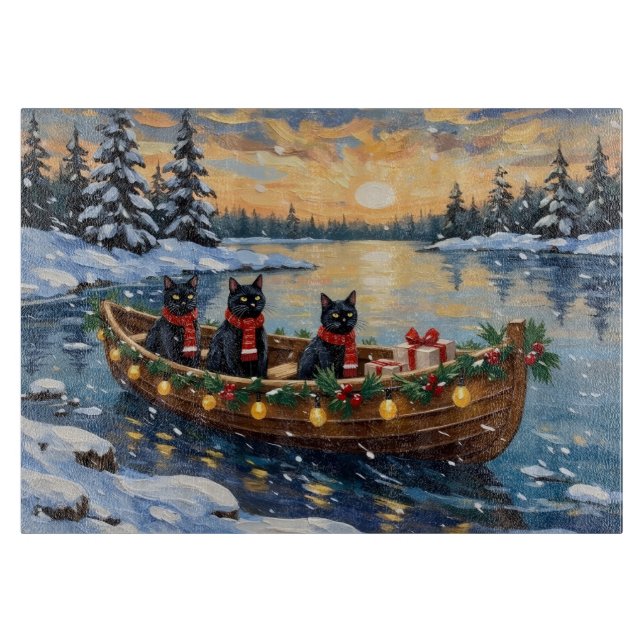 Black Cat Christmas Boat Holiday Schneidebrett (Vorderseite)