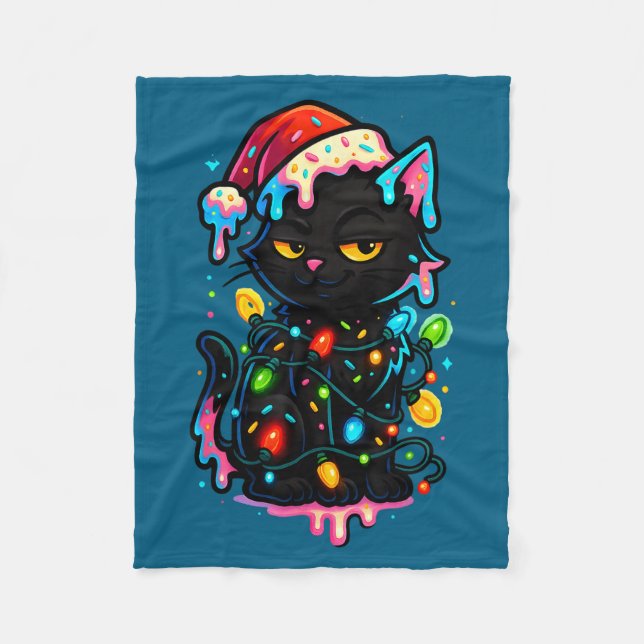 Black Cat Christmas Ice Cream Drip Santa Hat Cute  Fleecedecke (Vorderseite)