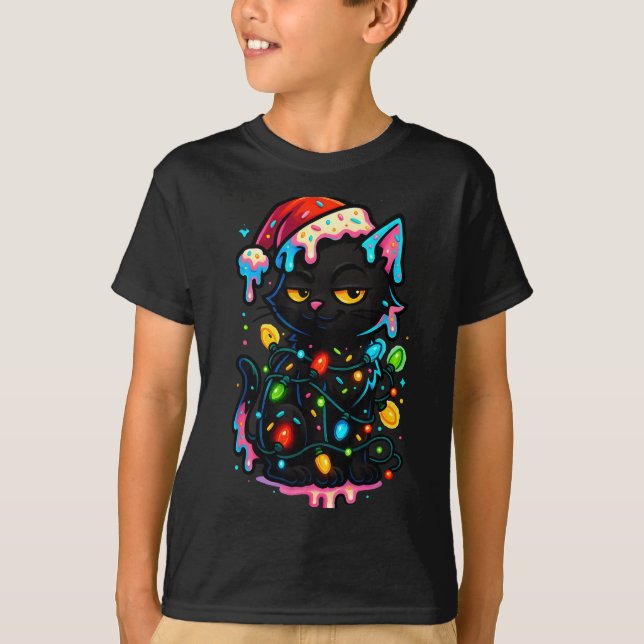 Black Cat Christmas Ice Cream Drip Santa Hat Cute  T-Shirt (Vorderseite)