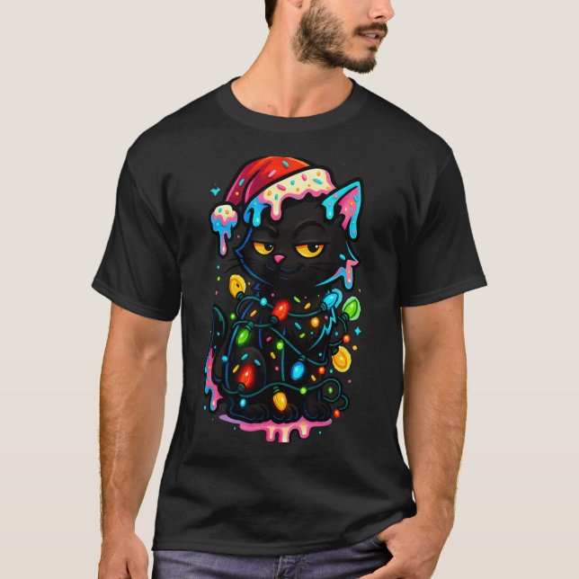 Black Cat Christmas Ice Cream Drip Santa Hat Cute  T-Shirt (Vorderseite)